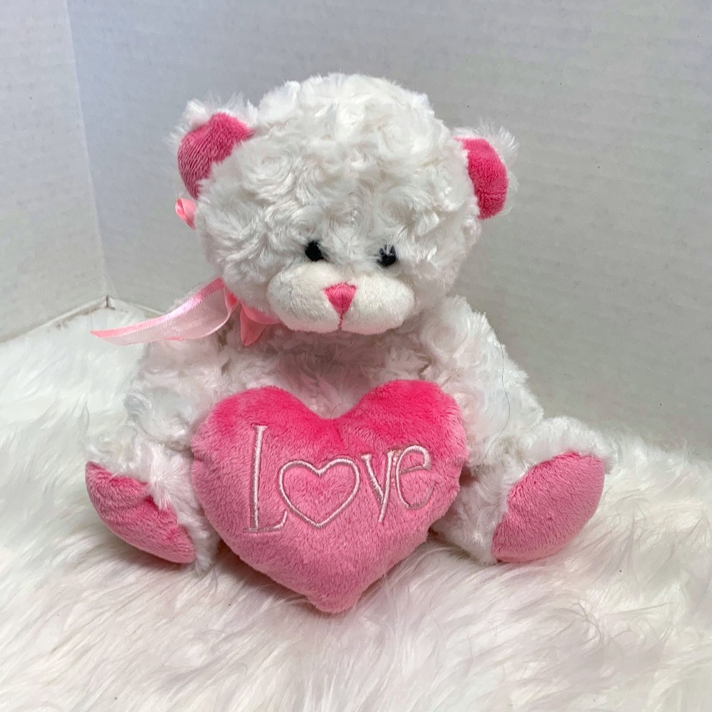 Burton & Burton 2007 Plush Stuffed Animal Toy White Bear Pink Love Pillow Heart